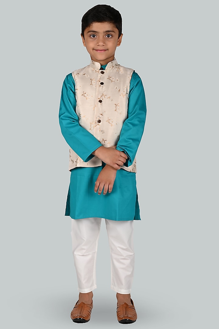 Aqua Cotton Kurta Set With Bundi Jacket For Boys by Baatcheet