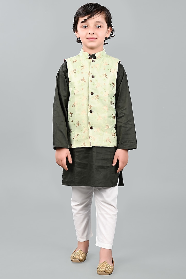 Bottle Green Cotton Kurta Set With Bundi Jacket For Boys by Baatcheet