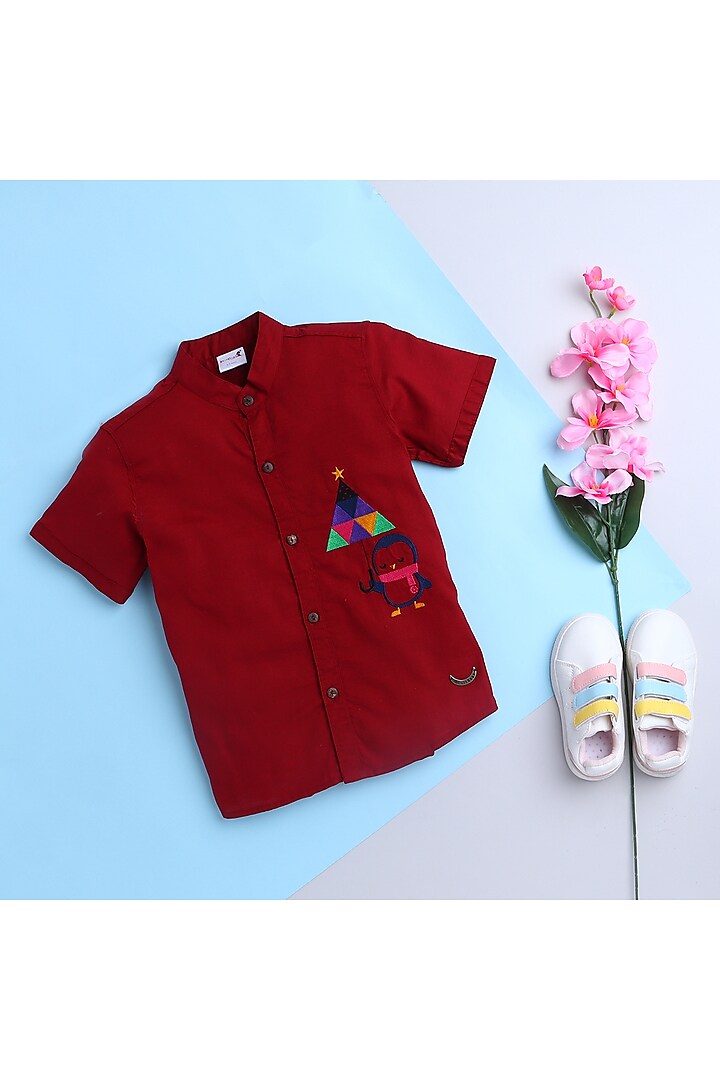 Cherry Red Embroidered Shirt For Boys by Baatcheet