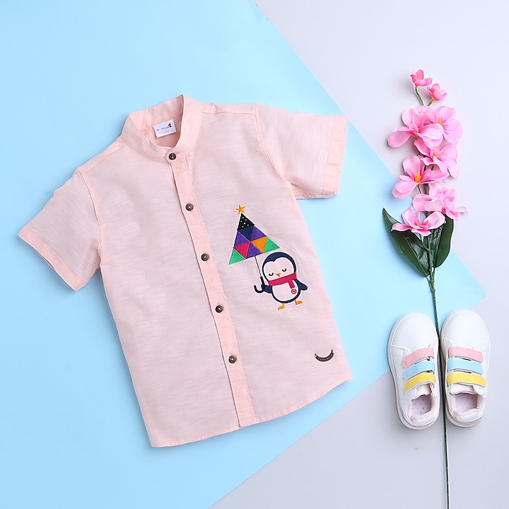 Peach Embroidered Shirt For Boys by Baatcheet