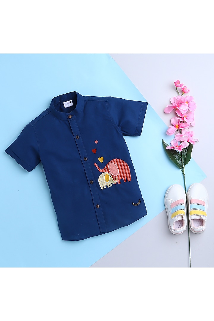 Navy Blue Embroidered Shirt For Boys by Baatcheet
