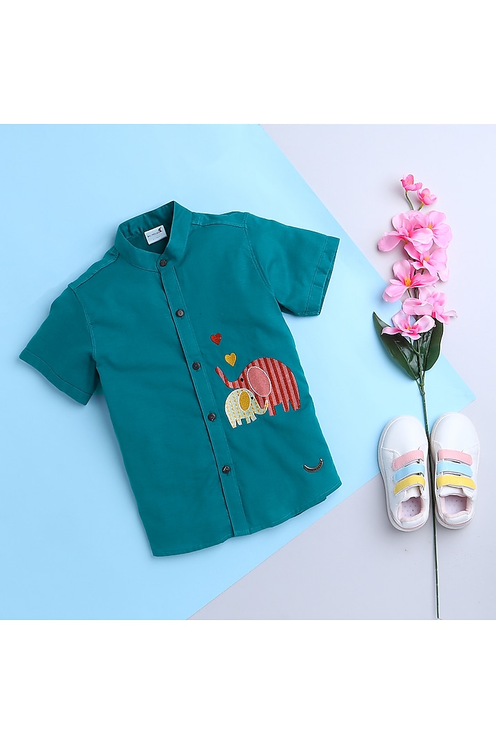 Teal Blue Embroidered Shirt For Boys by Baatcheet