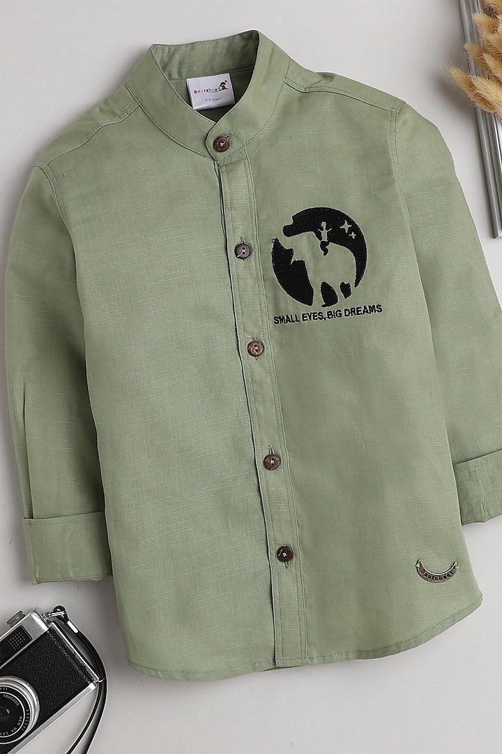 Pista Green Cotton Shirt For Boys by Baatcheet