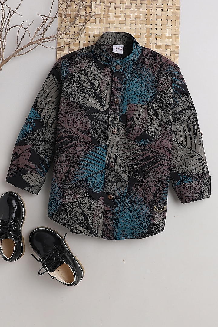 Black Leaf Printed Shirt For Boys by Baatcheet at Pernia's Pop Up Shop