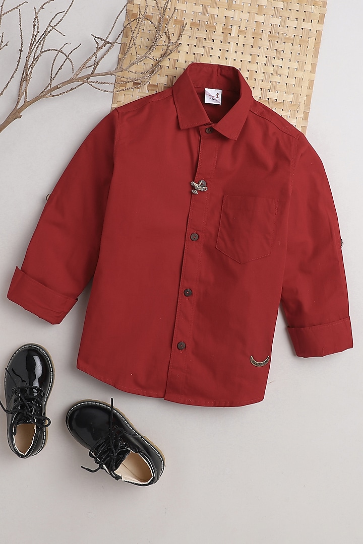 Red Cotton Shirt For Boys by Baatcheet