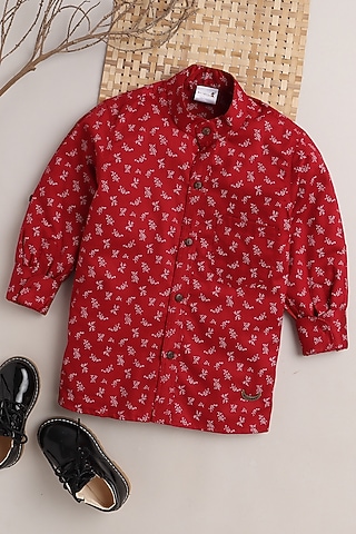 Red Leaf Printed Shirt For Boys by Baatcheet