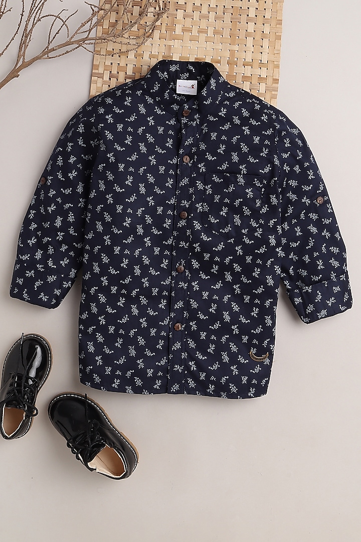 Navy Blue Leaf Printed Shirt For Boys by Baatcheet