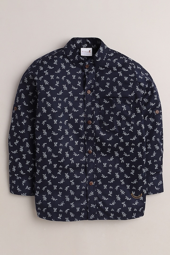 Navy Blue Leaf Printed Shirt For Boys by Baatcheet at Pernia's Pop Up Shop
