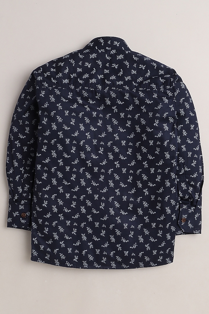 Navy Blue Leaf Printed Shirt For Boys by Baatcheet at Pernia's Pop Up Shop