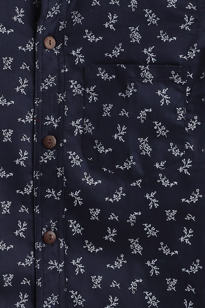 Navy Blue Leaf Printed Shirt For Boys by Baatcheet at Pernia's Pop Up Shop