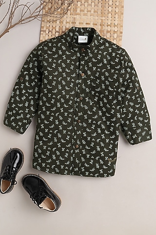 Green Leaf Printed Shirt For Boys by Baatcheet