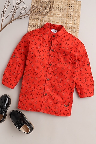Bright Red Printed Shirt For Boys by Baatcheet
