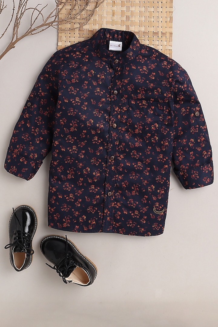Navy Blue Floral Printed Shirt For Boys by Baatcheet