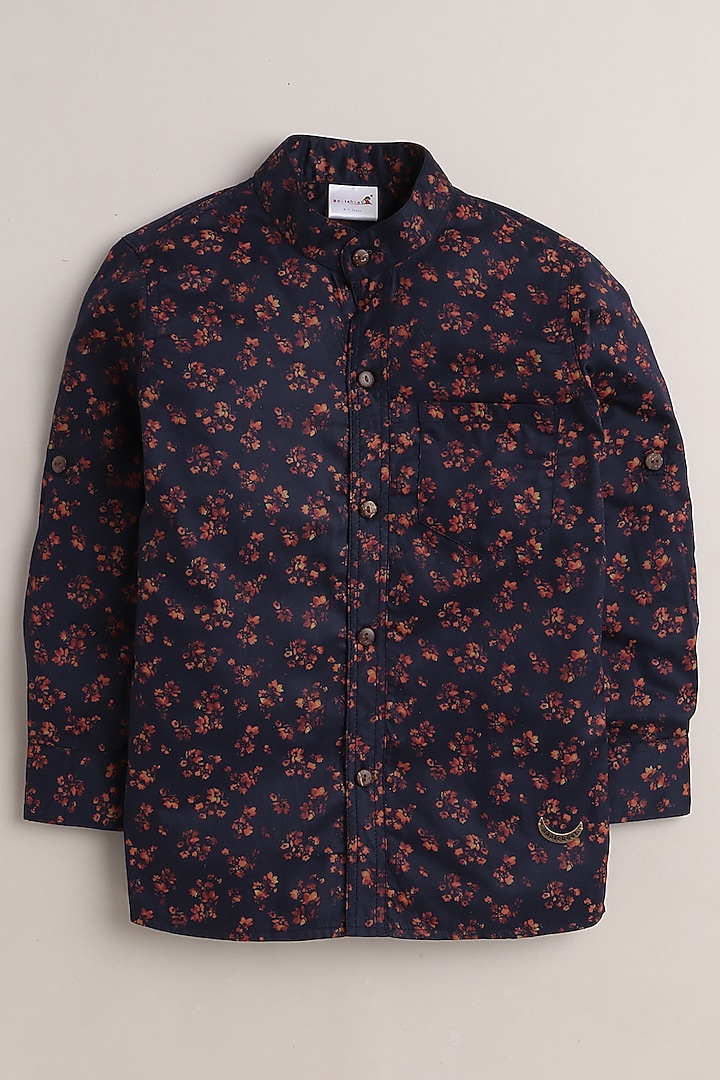 Navy Blue Floral Printed Shirt For Boys by Baatcheet at Pernia's Pop Up Shop