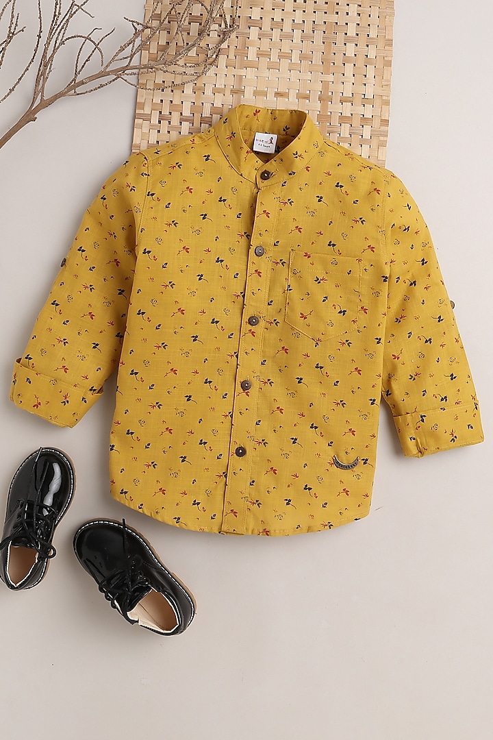 Yellow Floral Leaf Printed Shirt For Boys by Baatcheet