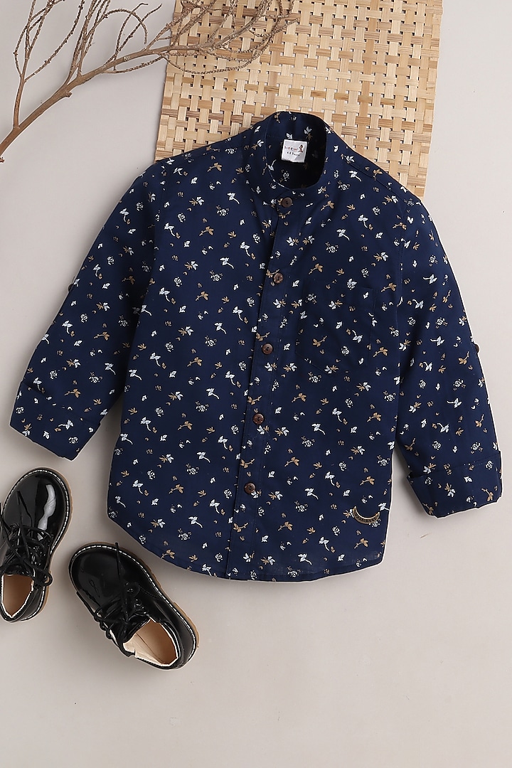 Navy Blue Floral Leaf Printed Shirt For Boys by Baatcheet at Pernia's Pop Up Shop