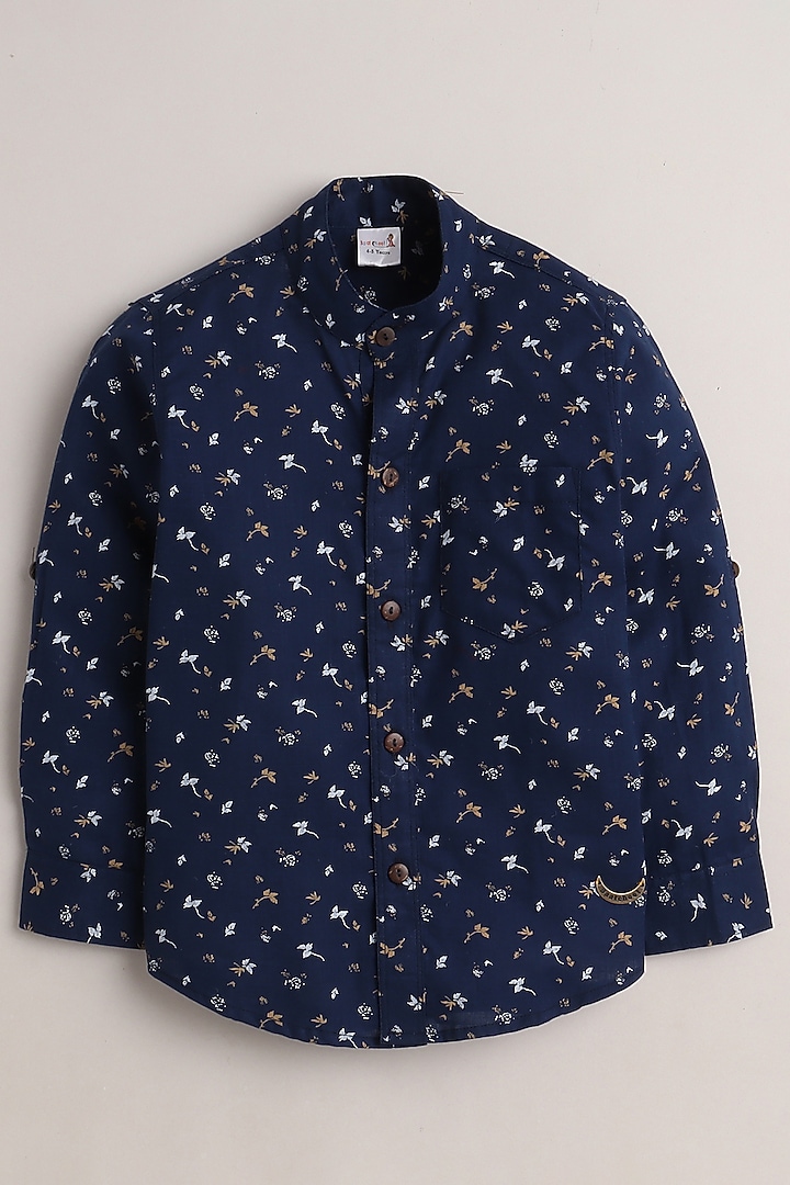 Navy Blue Floral Leaf Printed Shirt For Boys by Baatcheet at Pernia's Pop Up Shop