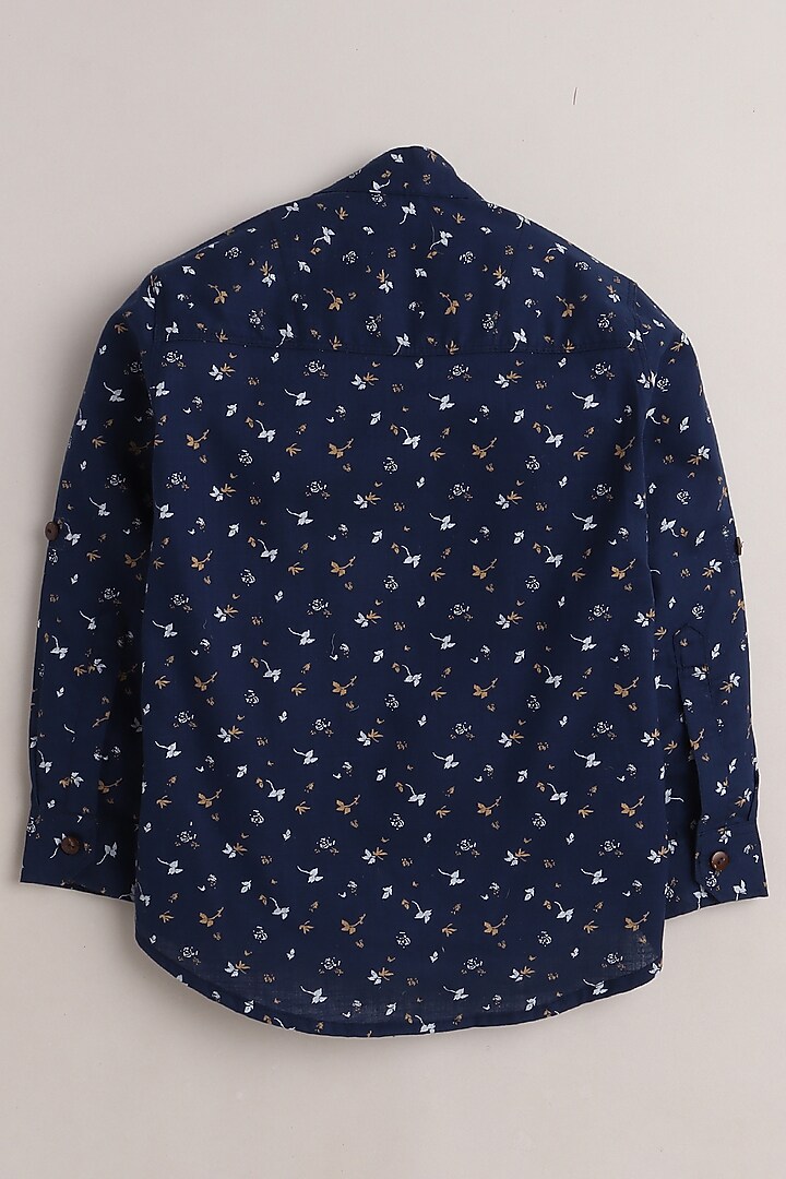 Navy Blue Floral Leaf Printed Shirt For Boys by Baatcheet at Pernia's Pop Up Shop