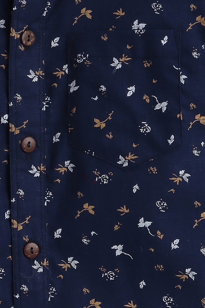 Navy Blue Floral Leaf Printed Shirt For Boys by Baatcheet at Pernia's Pop Up Shop