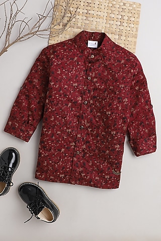 Cherry Red Printed Shirt For Boys by Baatcheet