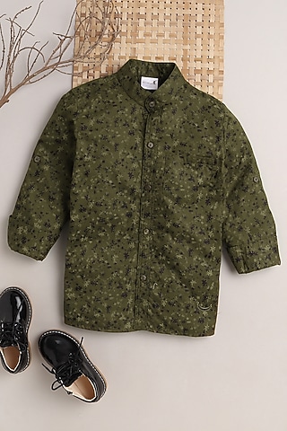 Mehendi Green Floral Leaf Printed Shirt For Boys by Baatcheet