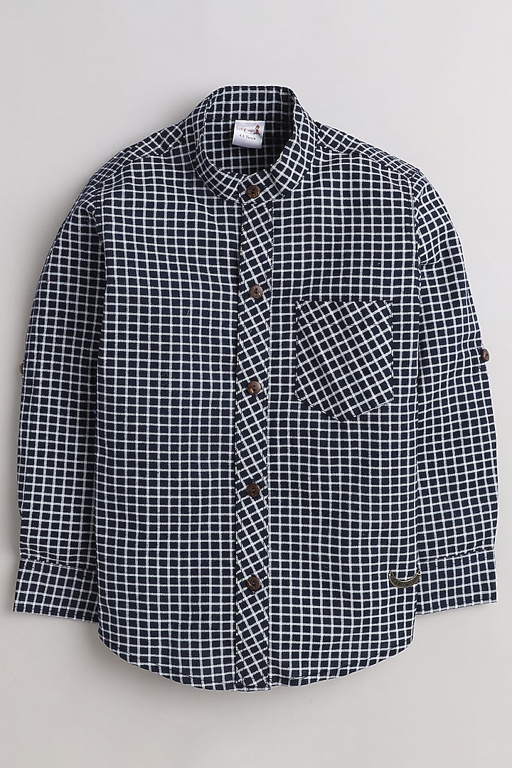 Navy Blue Cotton Printed Shirt For Boys by Baatcheet at Pernia's Pop Up Shop