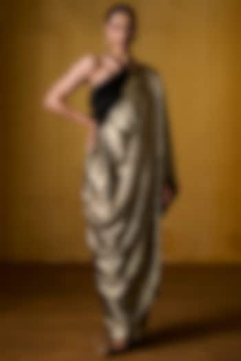 Gold Heatset Fabric Pre-Draped Pant Party Wear Saree Set by Bairagi Designs at Pernia's Pop Up Shop