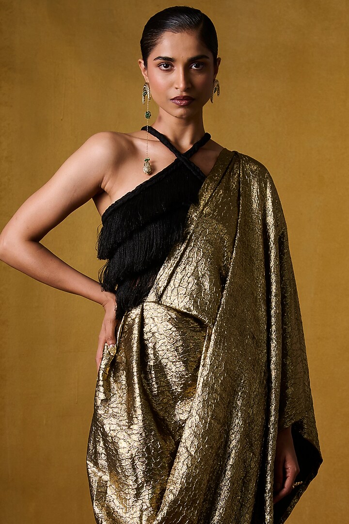 Gold Heatset Fabric Pre-Draped Pant Party Wear Saree Set by Bairagi Designs at Pernia's Pop Up Shop