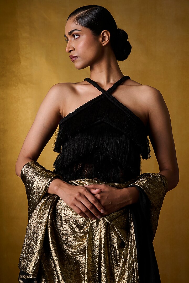 Black Banana Crepe & Dola Silk Blouse by Bairagi Designs at Pernia's Pop Up Shop