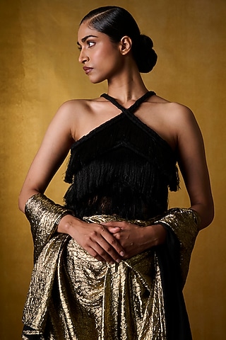 Black Banana Crepe & Dola Silk Blouse by Bairagi Designs