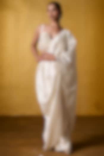 Ivory Crinkled Crepe Pre-Draped Pant Party Wear Saree Set by Bairagi Designs at Pernia's Pop Up Shop