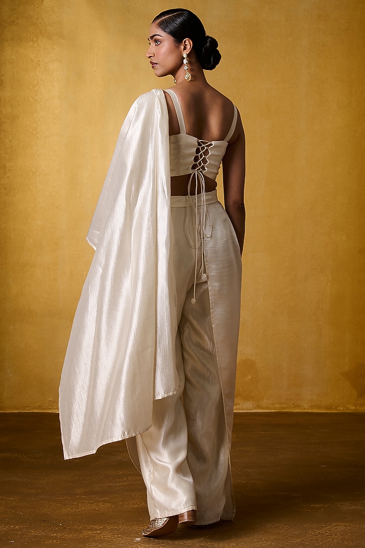 Ivory Crinkled Crepe Pre-Draped Pant Party Wear Saree Set by Bairagi Designs at Pernia's Pop Up Shop