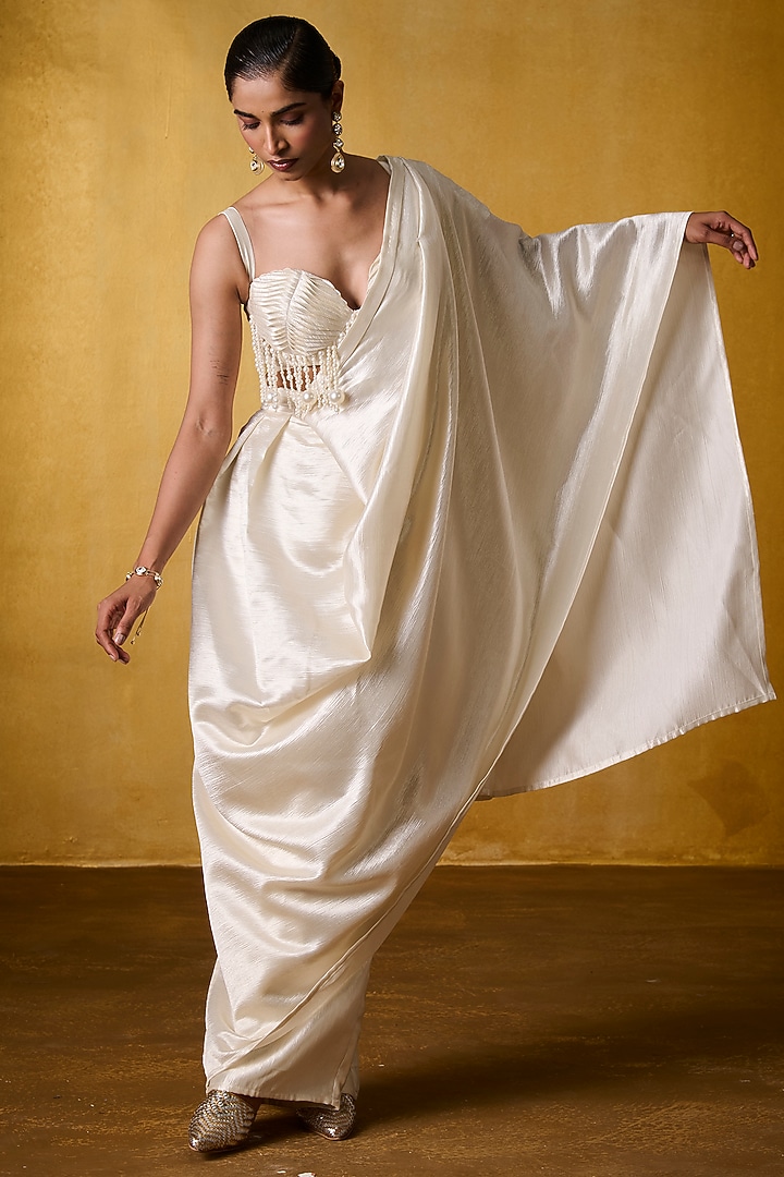 Ivory Crinkled Crepe Pre-Draped Pant Party Wear Saree Set by Bairagi Designs at Pernia's Pop Up Shop