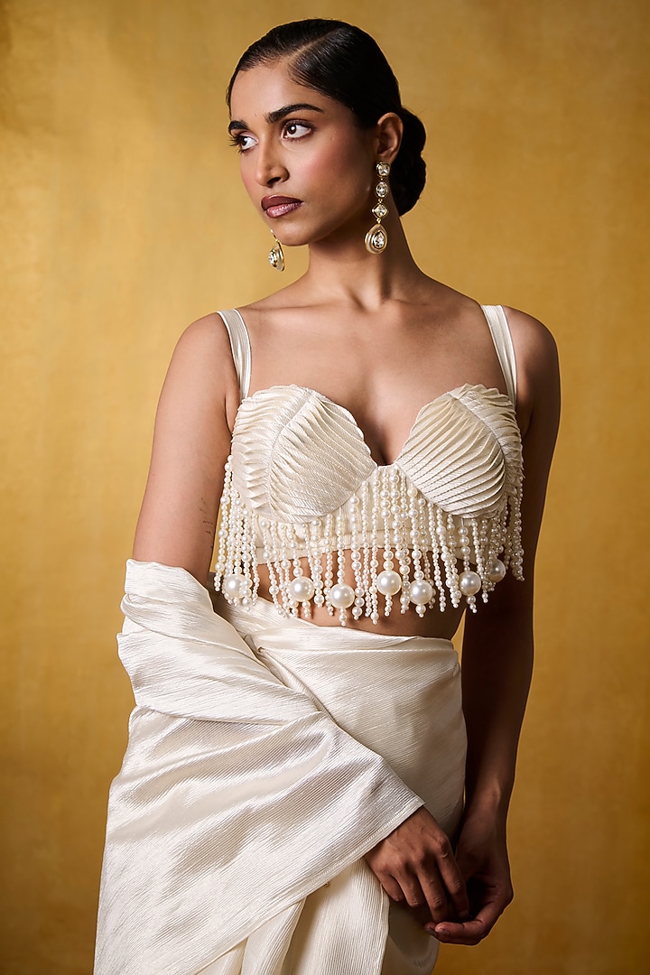 Ivory Crinkled Crepe Pleated Corset Blouse by Bairagi Designs at Pernia's Pop Up Shop