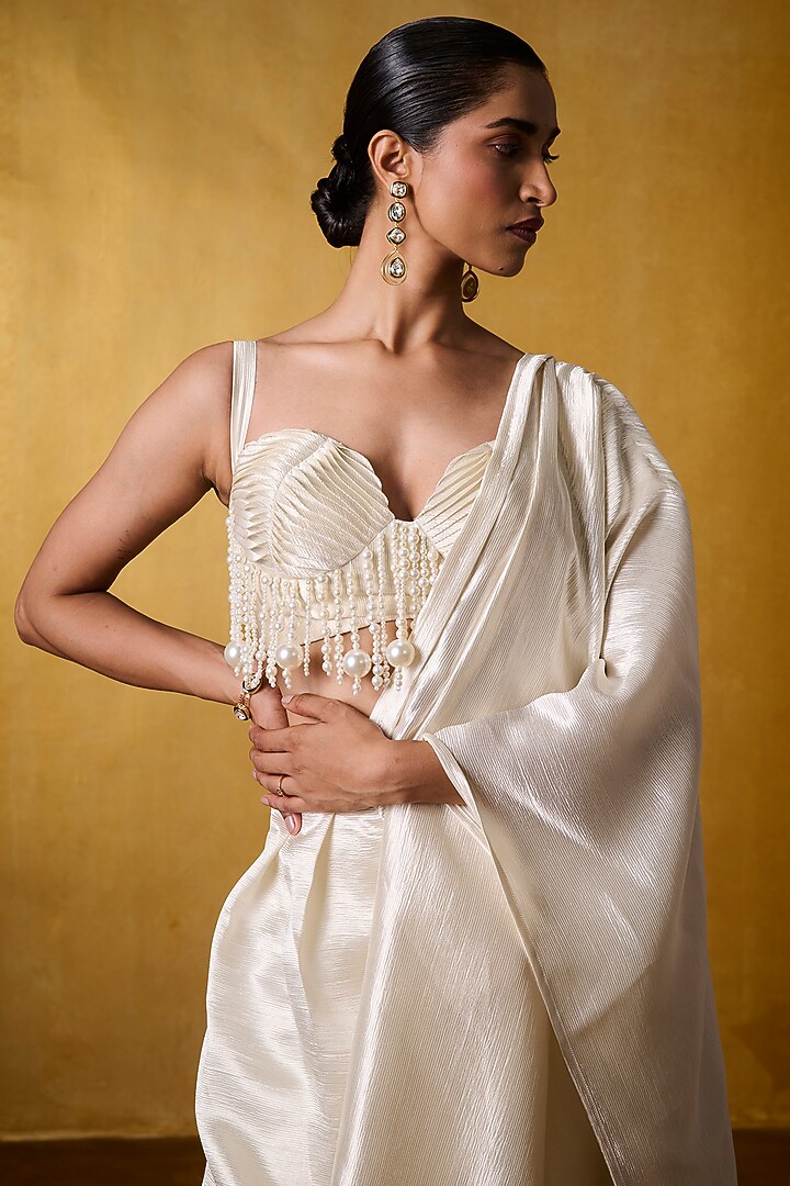 Ivory Crinkled Crepe Pleated Corset Blouse by Bairagi Designs at Pernia's Pop Up Shop