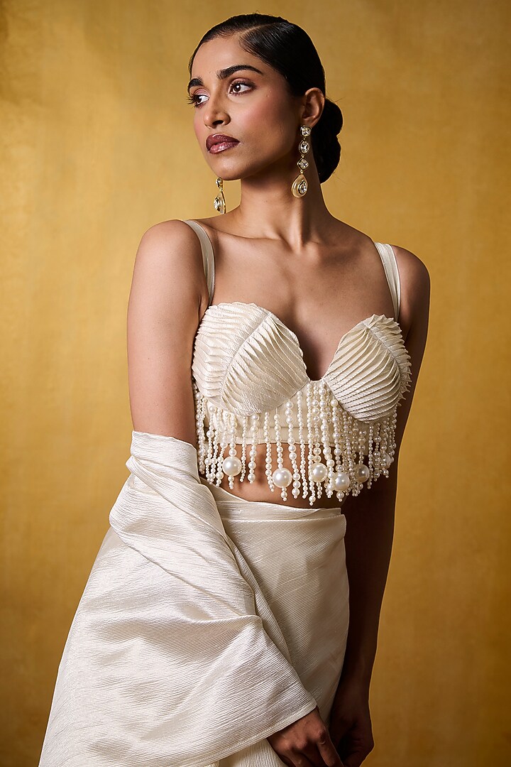 Ivory Crinkled Crepe Pleated Corset Blouse by Bairagi Designs at Pernia's Pop Up Shop