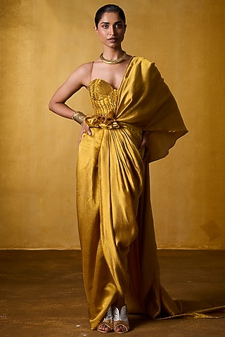 Ochre Crinkled Crepe Pre-Draped Saree Set by Bairagi Designs