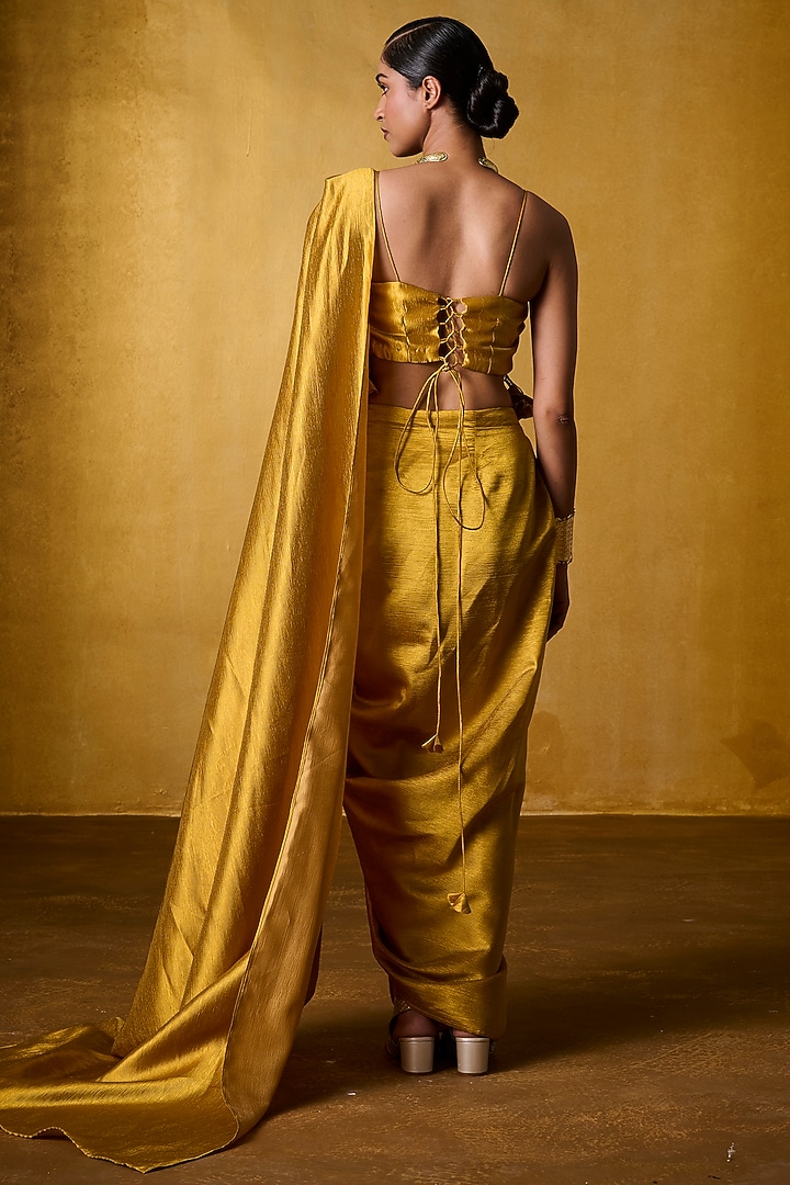 Ochre Crinkled Crepe Pre-Draped Party Wear Saree Set by Bairagi Designs at Pernia's Pop Up Shop