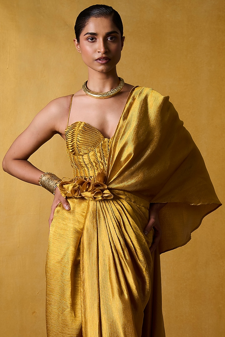 Ochre Crinkled Crepe Pre-Draped Party Wear Saree Set by Bairagi Designs at Pernia's Pop Up Shop