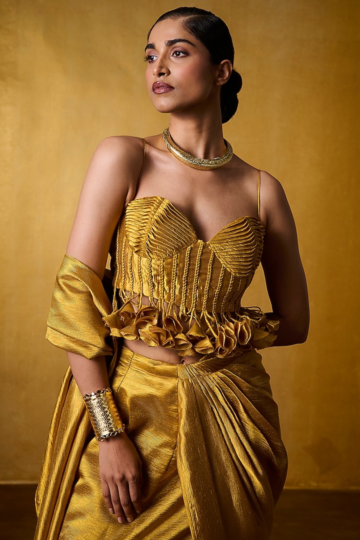 Ochre Crinkled Crepe Pre-Draped Party Wear Saree Set by Bairagi Designs at Pernia's Pop Up Shop
