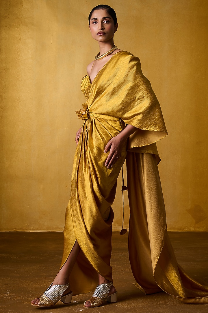 Ochre Crinkled Crepe Pre-Draped Party Wear Saree Set by Bairagi Designs at Pernia's Pop Up Shop