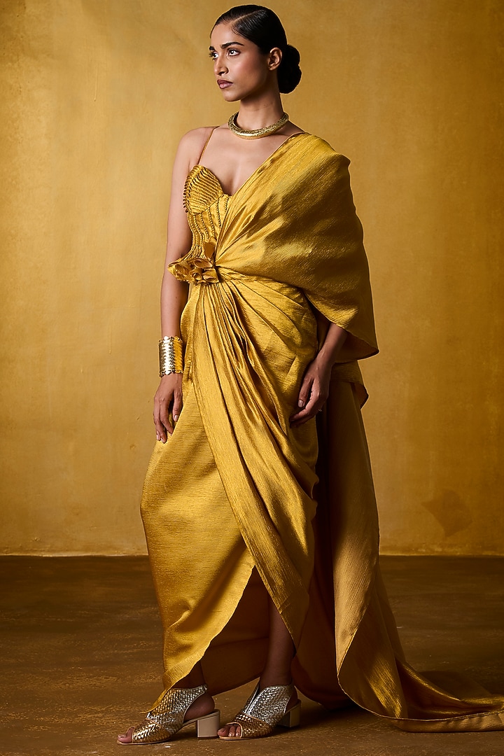 Ochre Crinkled Crepe Pre-Draped Party Wear Saree Set by Bairagi Designs at Pernia's Pop Up Shop