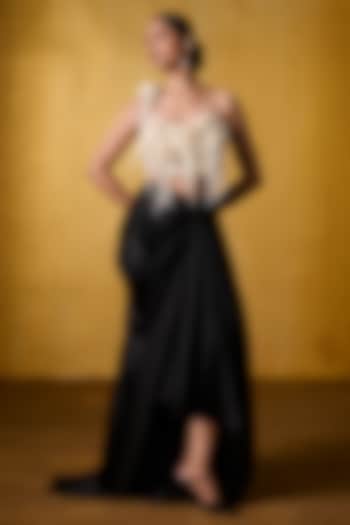 Black Crinkled Crepe & Satin Draped Skirt Set by Bairagi Designs at Pernia's Pop Up Shop