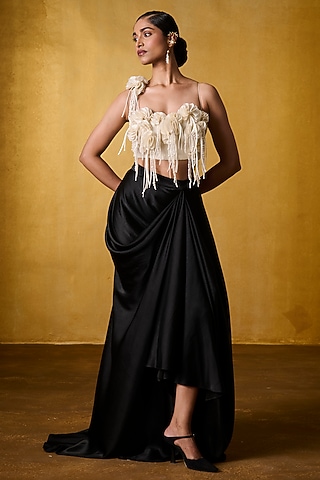 Black Crinkled Crepe & Satin Draped Skirt Set by Bairagi Designs