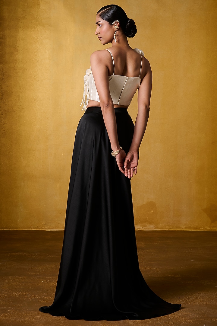Black Crinkled Crepe & Satin Draped Skirt Set by Bairagi Designs at Pernia's Pop Up Shop