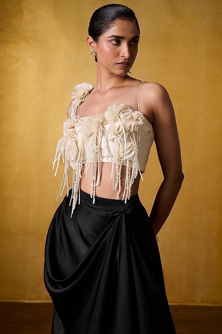 Black Crinkled Crepe & Satin Draped Skirt Set by Bairagi Designs at Pernia's Pop Up Shop