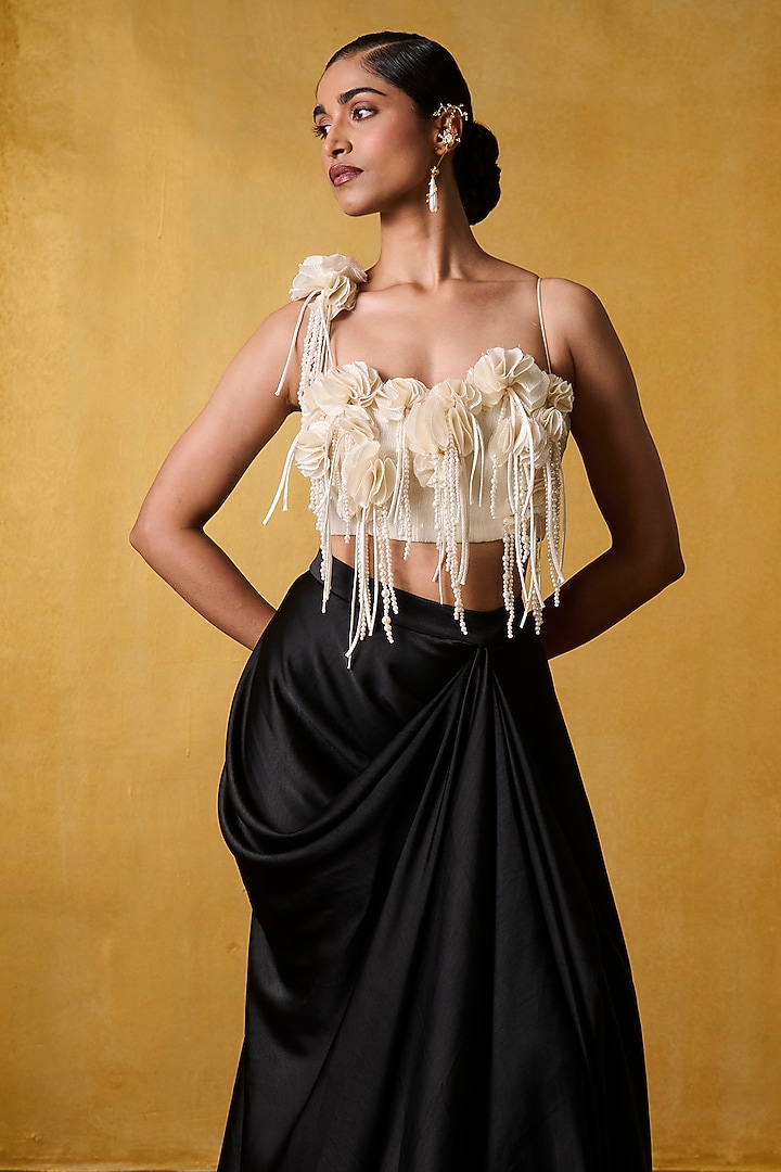 Black Crinkled Crepe & Satin Draped Skirt Set by Bairagi Designs at Pernia's Pop Up Shop