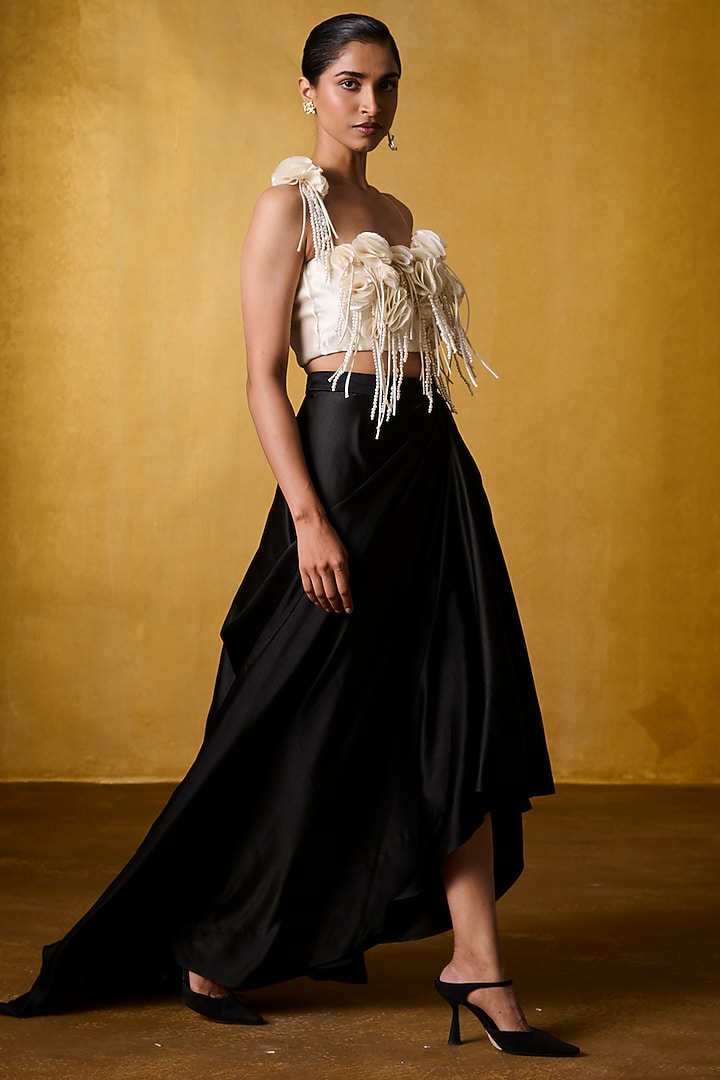 Black Crinkled Crepe & Satin Draped Skirt Set by Bairagi Designs at Pernia's Pop Up Shop