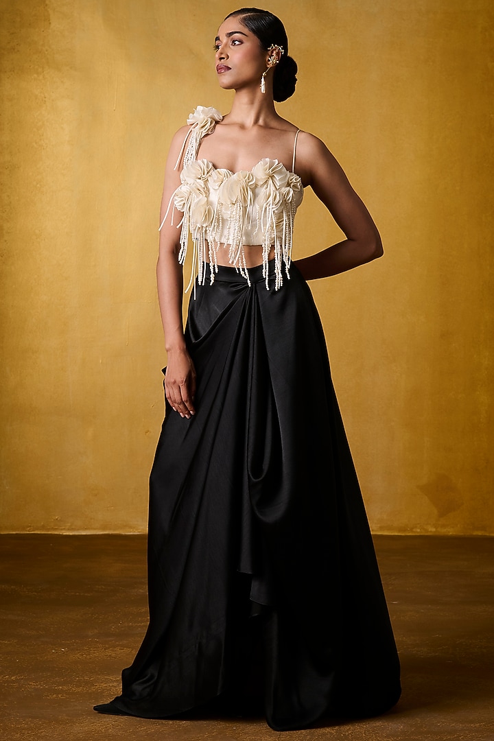 Black Satin Draped Skirt by Bairagi Designs at Pernia's Pop Up Shop
