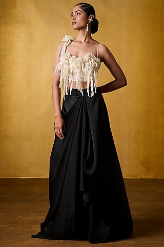 Black Satin Draped Skirt by Bairagi Designs